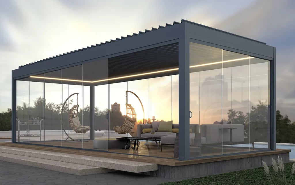 Moderne Terrassenüberdachung aus Aluminium mit Glasschiebetüren und LED-Beleuchtung