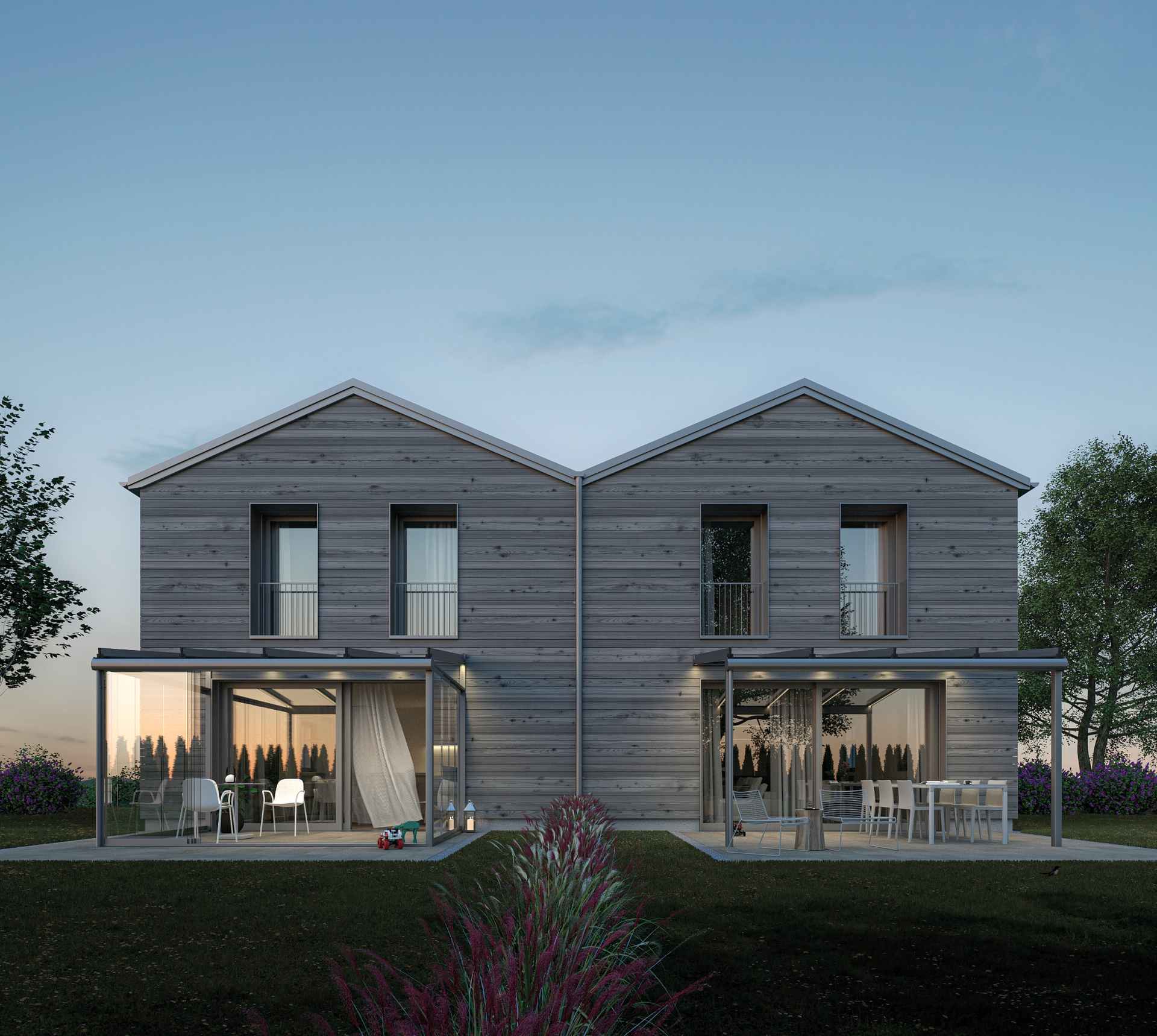 Doppelhaus mit Terrassenüberdachungen aus Aluminium und Glas