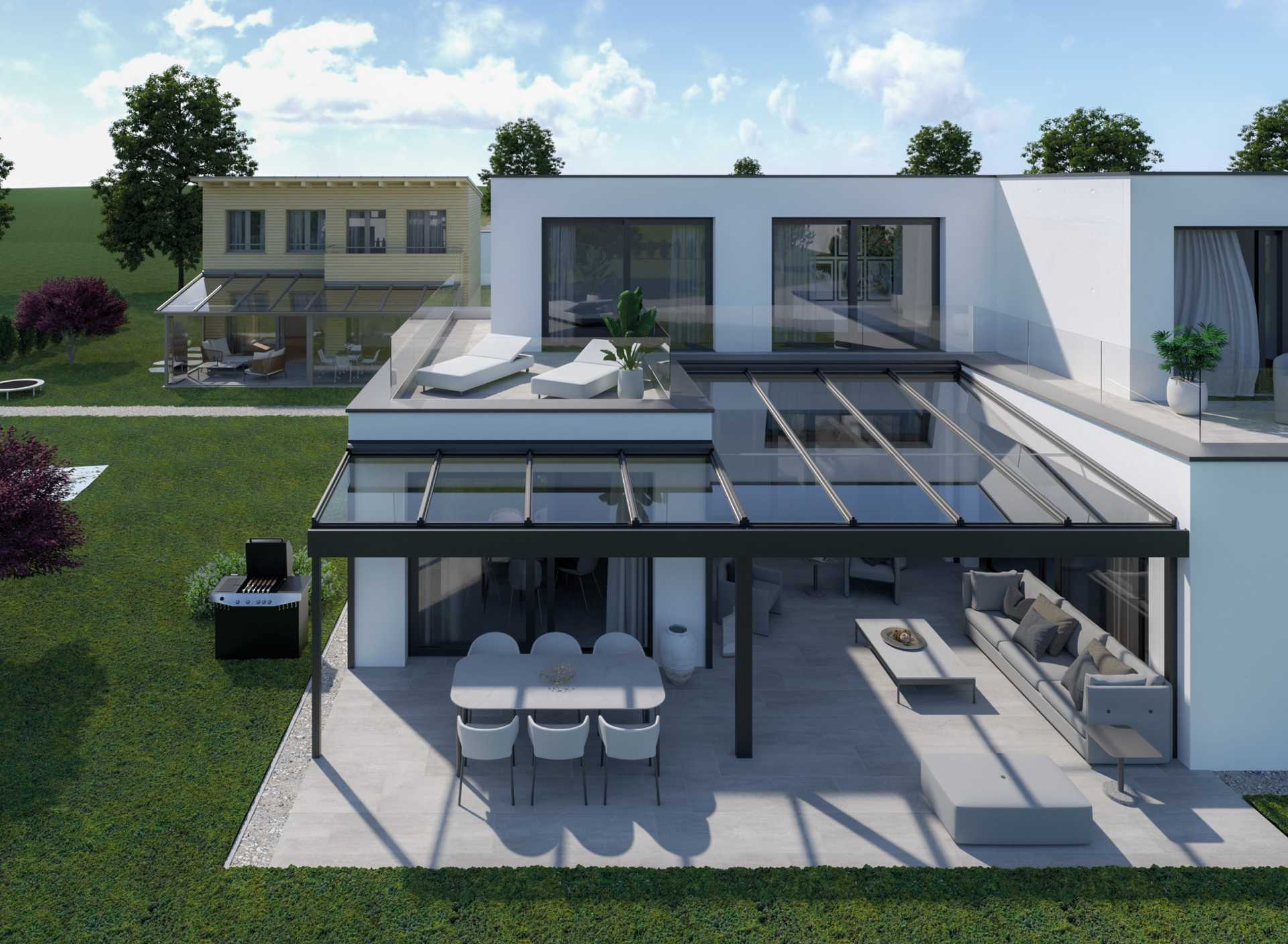 Terrasse mit Aluminiumüberdachung und Glasdach am Haus
