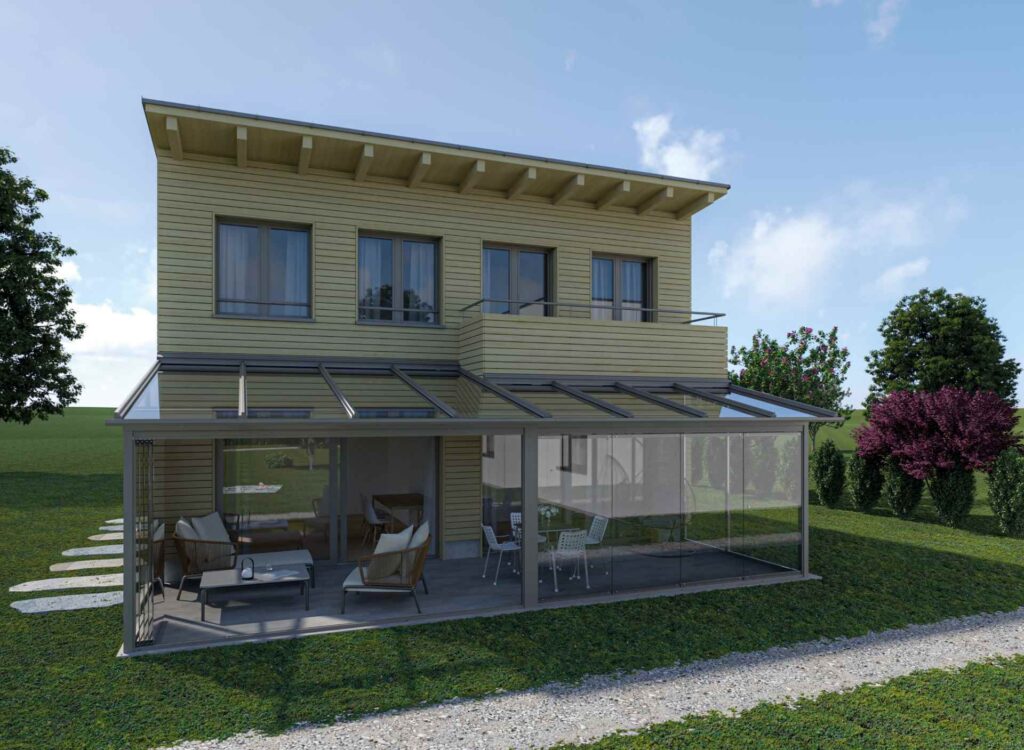 Glas Terrassenüberdachung an eine Hauswand mit Glasschiebetür