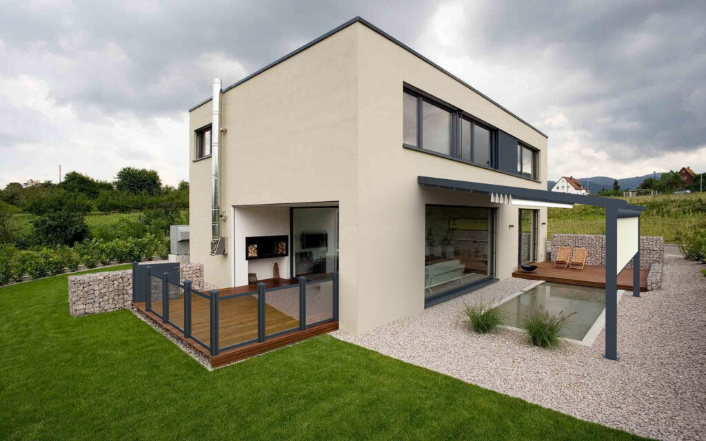 Moderne Terrassenüberdachung am Einfamilienhaus mit Aluminiumkonstruktion