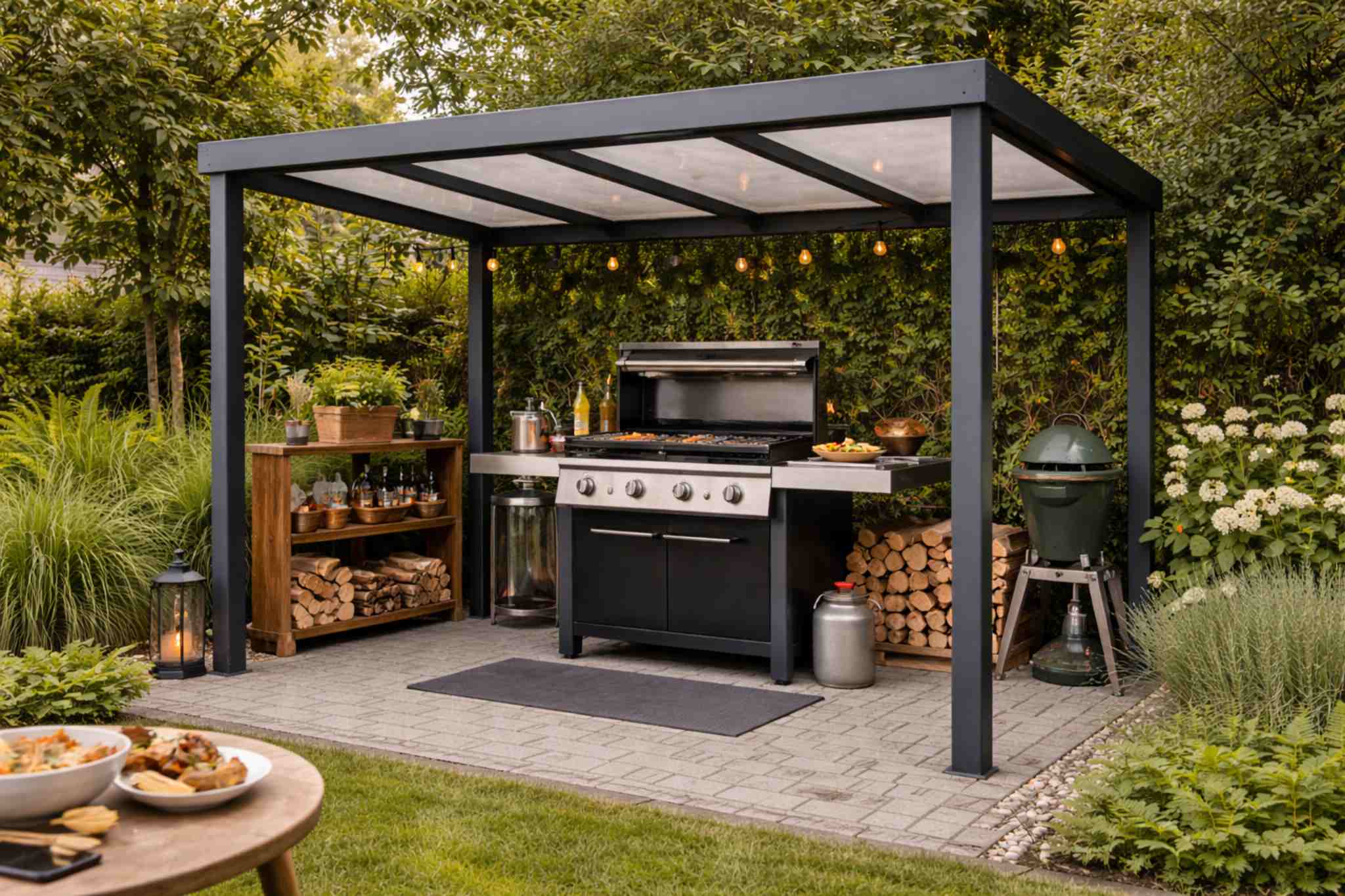 Grillüberdachung mit Grill, Feuerholz und Essen