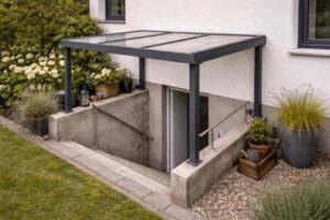 Kellertreppenüberdachung mit Polycarbonat im Garten