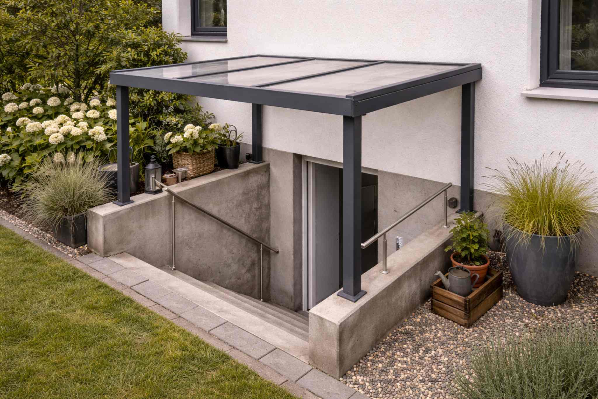 Kellertreppenüberdachung mit Polycarbonat im Garten