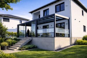 Moderne Terrassenüberdachung aus Aluminium und Glas an einem Einfamilienhaus mit geschlossenen Seitenelementen