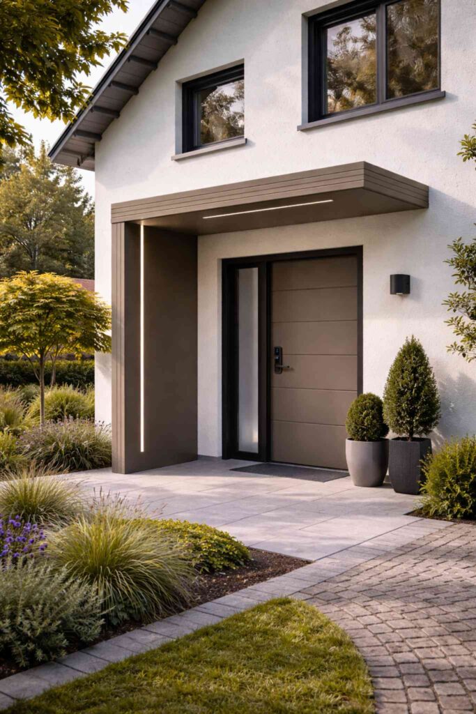 Moderner Hauseingang mit Aluminium-Vordach und seitlichem Designelement sowie integrierter Beleuchtung