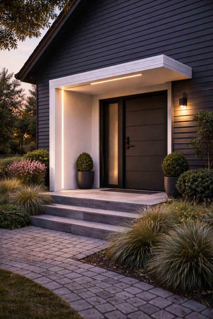 Moderner Hauseingang mit beleuchtetem Vordach aus Aluminium bei Abendstimmung