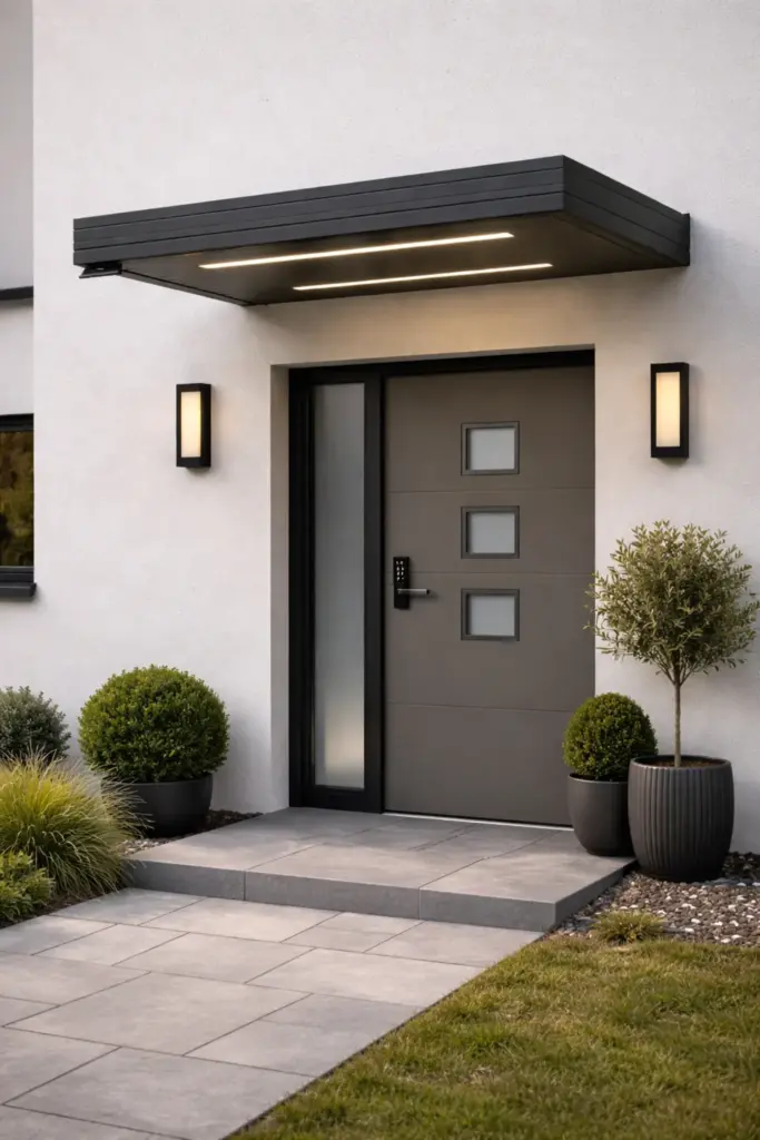 Moderner Hauseingang mit flachem Aluminium-Vordach und integrierter LED-Beleuchtung
