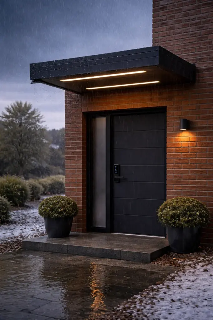 Hauseingang mit modernem Aluminium-Vordach und LED-Beleuchtung bei Regenwetter