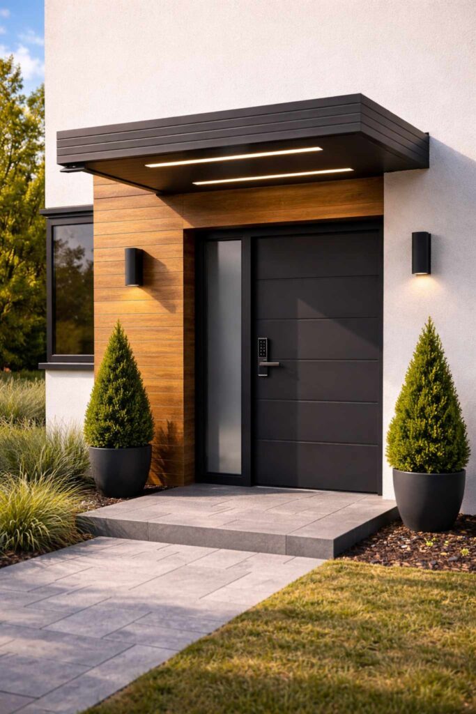 Moderner Hauseingang mit Aluminium-Vordach und integrierter LED-Beleuchtung sowie Holzoptik-Akzenten