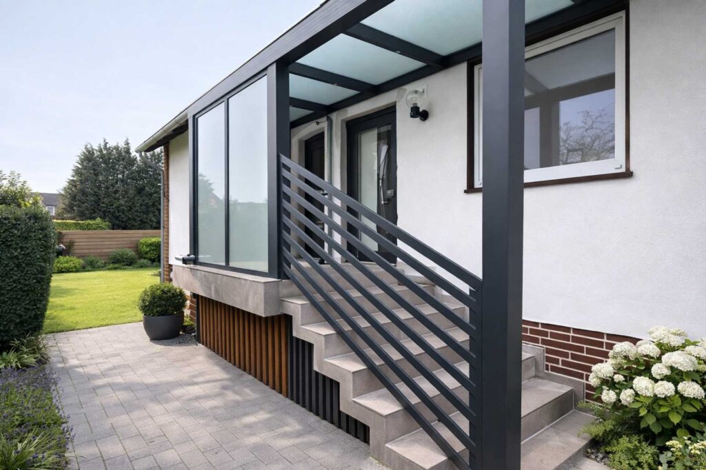 Eingangsüberdachung mit seitlicher Verglasung und Treppe aus Aluminium modern