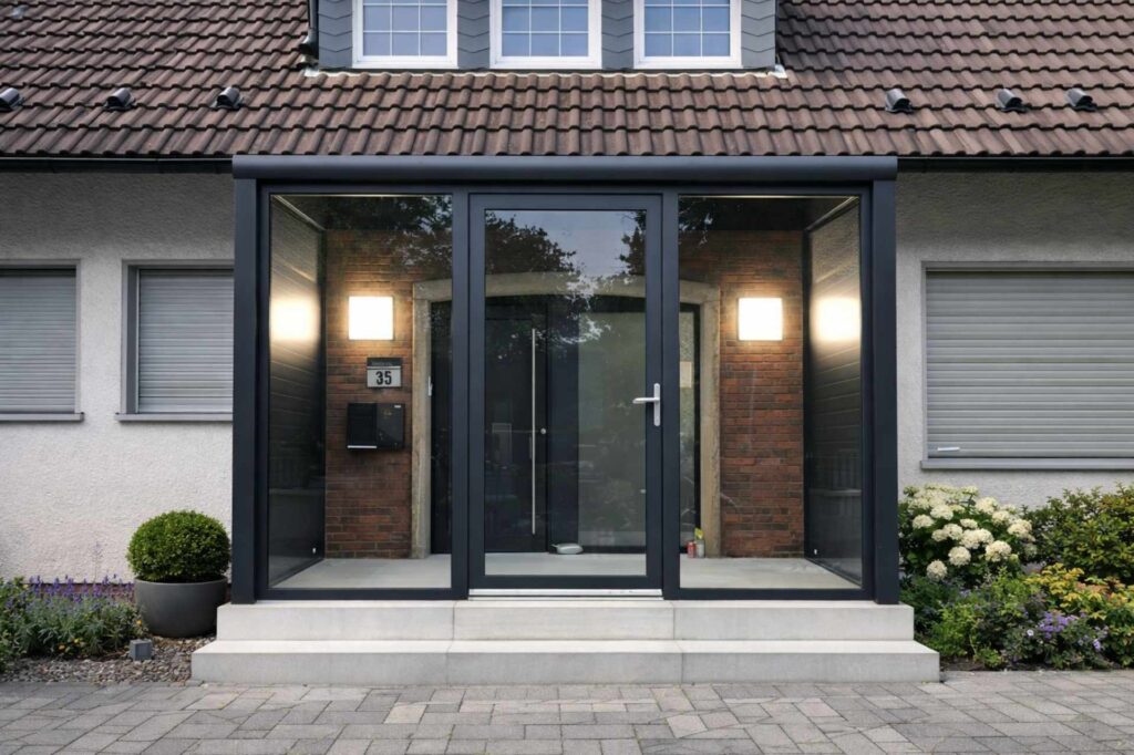 Eingangsüberdachung mit Glasfront und seitlicher Verglasung vor moderner Haustür