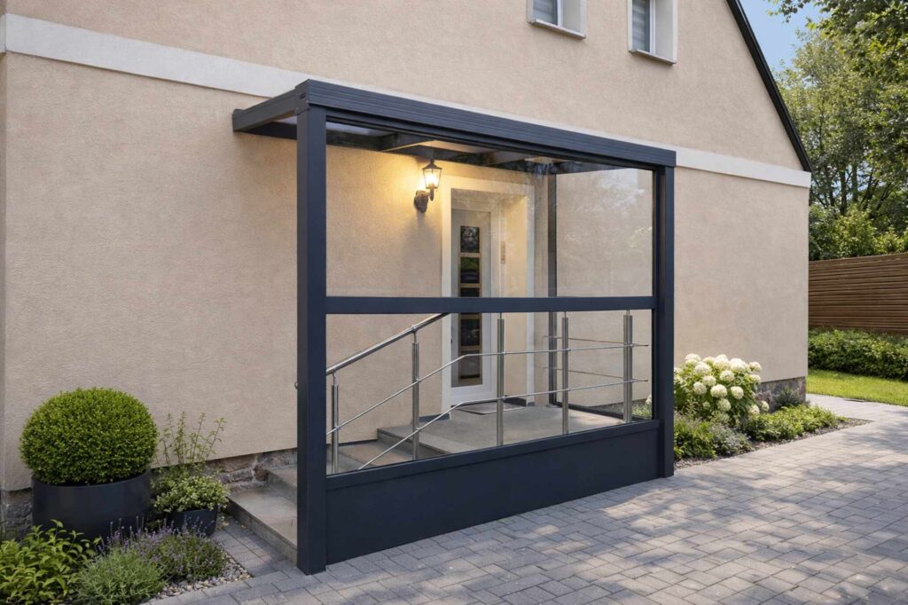 Eingangsüberdachung mit Seitenelement aus Glas und Aluminium vor Hauseingang