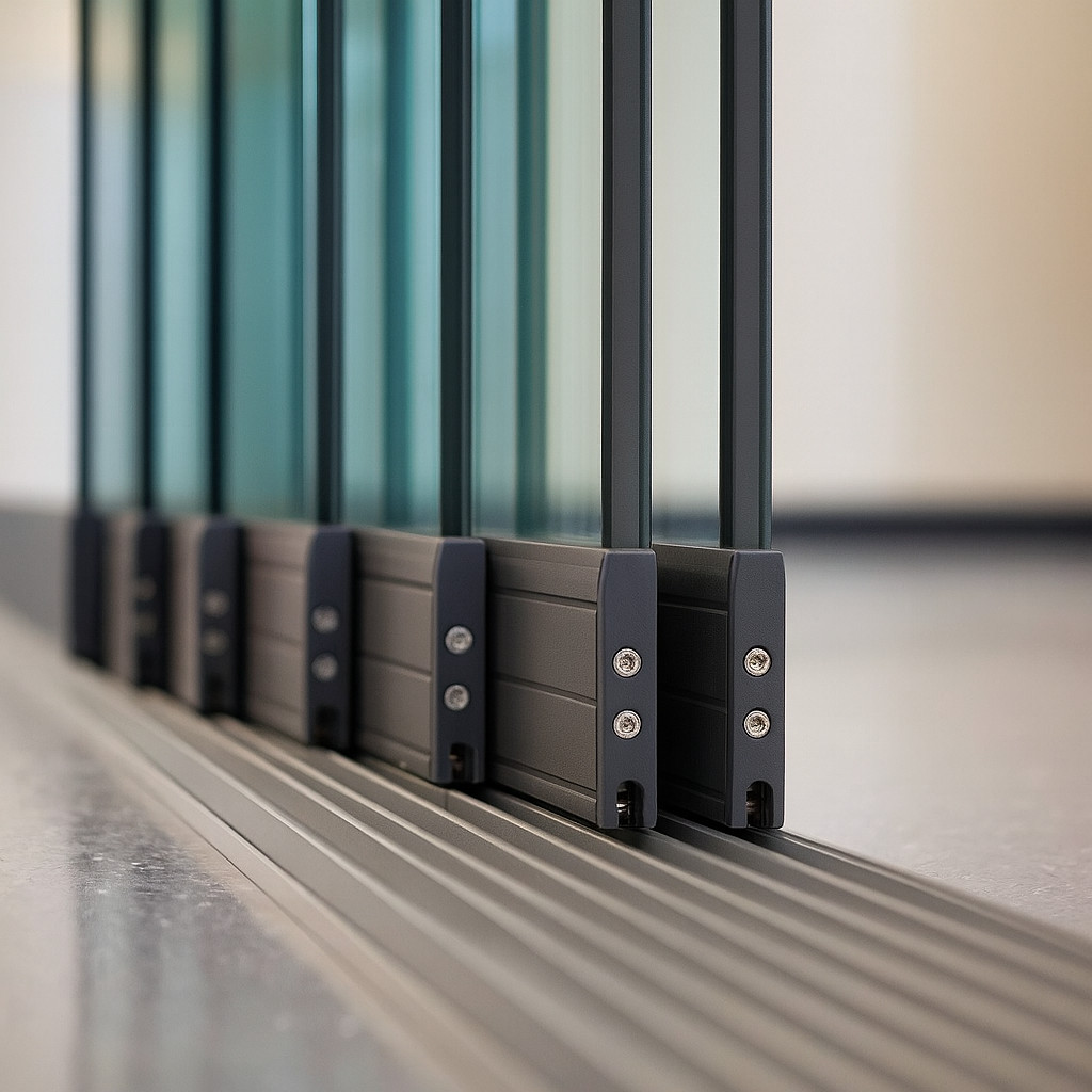 Detailaufnahme von Glasschiebewänden mit Aluminium-Schienenführung für Terrassenüberdachung