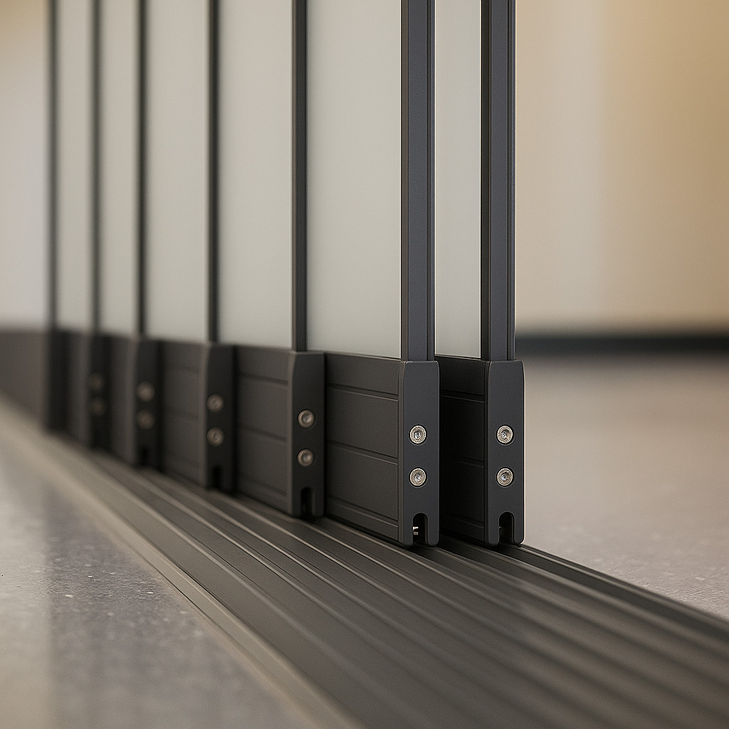 Detailaufnahme von Glasschiebeelementen mit Aluminium-Führungsschiene für Terrassenüberdachung