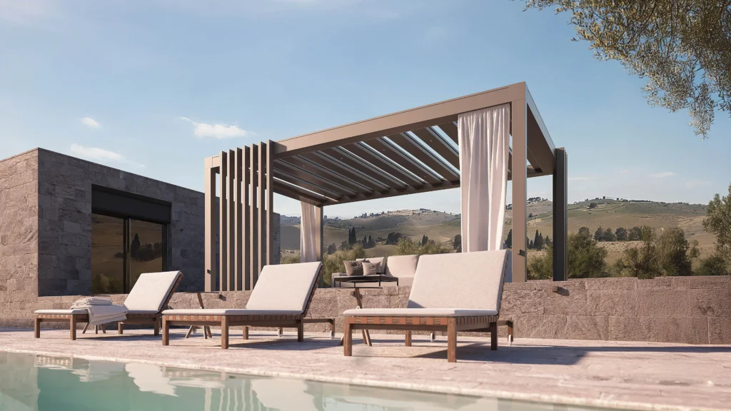 Moderne Pergola mit Lamellendach am Poolbereich mit Liegen und Sonnenschutz