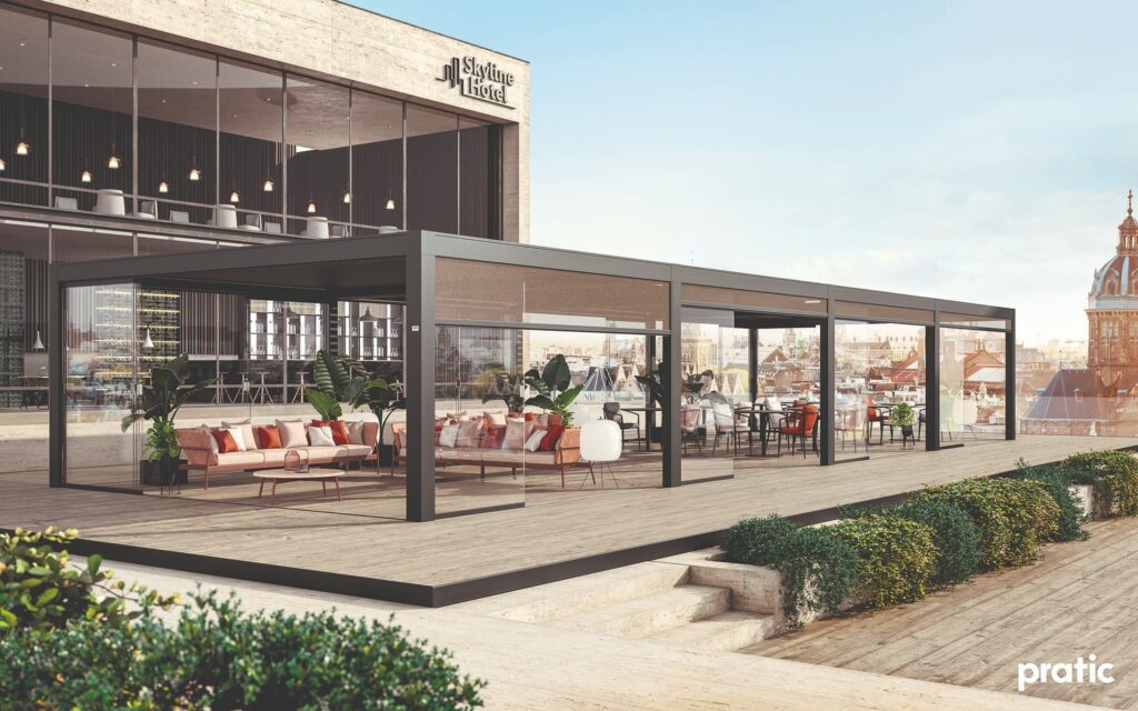 Pergola Überdachung mit PVC-Tuch, LED-Beleuchtung und Senkrechtmarkise