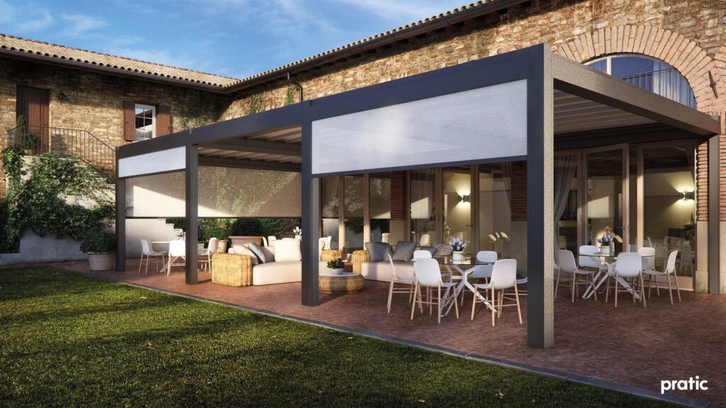 Pergola Überdachung mit PVC-Tuch, LED-Beleuchtung und Senkrechtmarkise