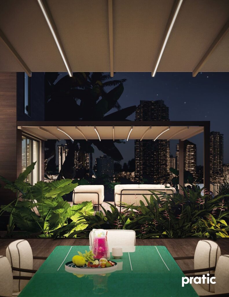 Pergola Überdachung mit PVC-Tuch und LED-Beleuchtung