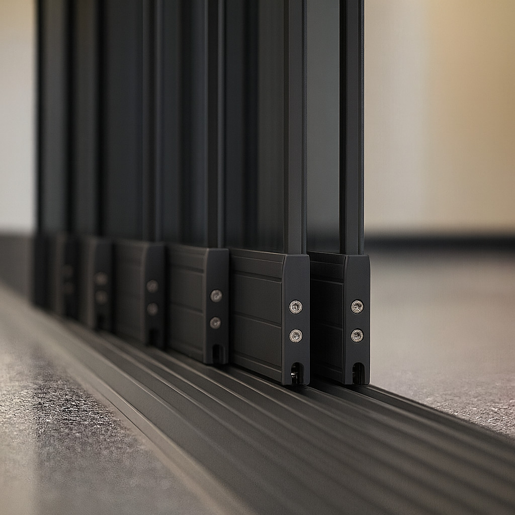Detailansicht von dunklen Glasschiebeelementen mit Aluminium-Schienenführung
