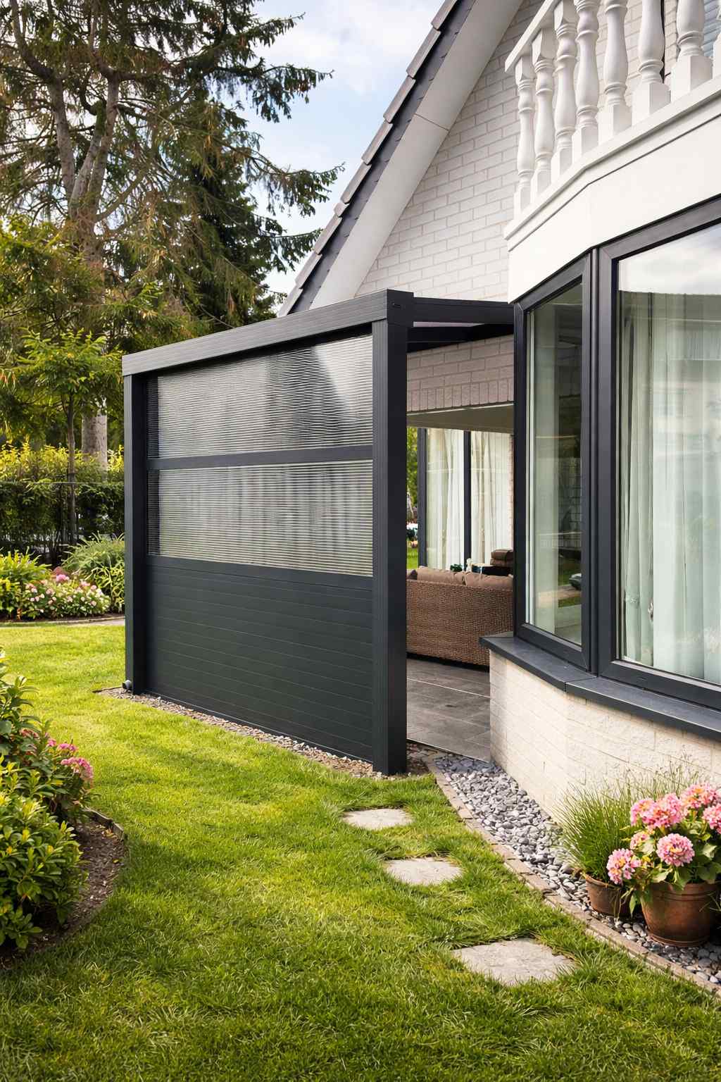 Seitlicher Sichtschutz aus Aluminium an einer Terrassenüberdachung