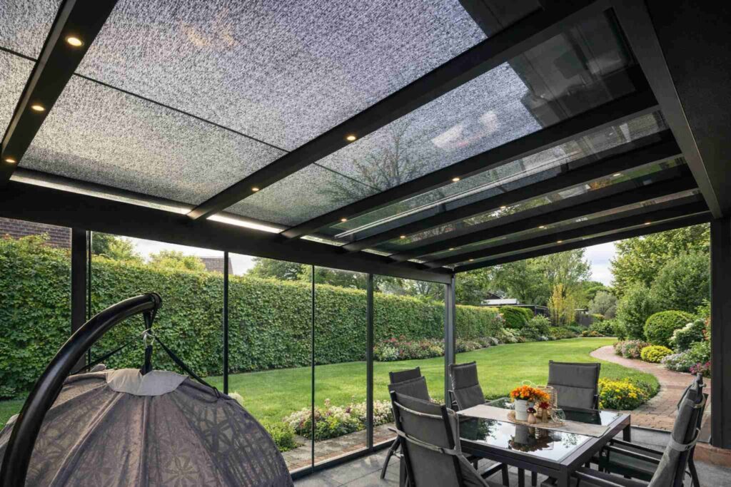 Terrassenüberdachung mit Glasdach und Seitenelementen im Garten