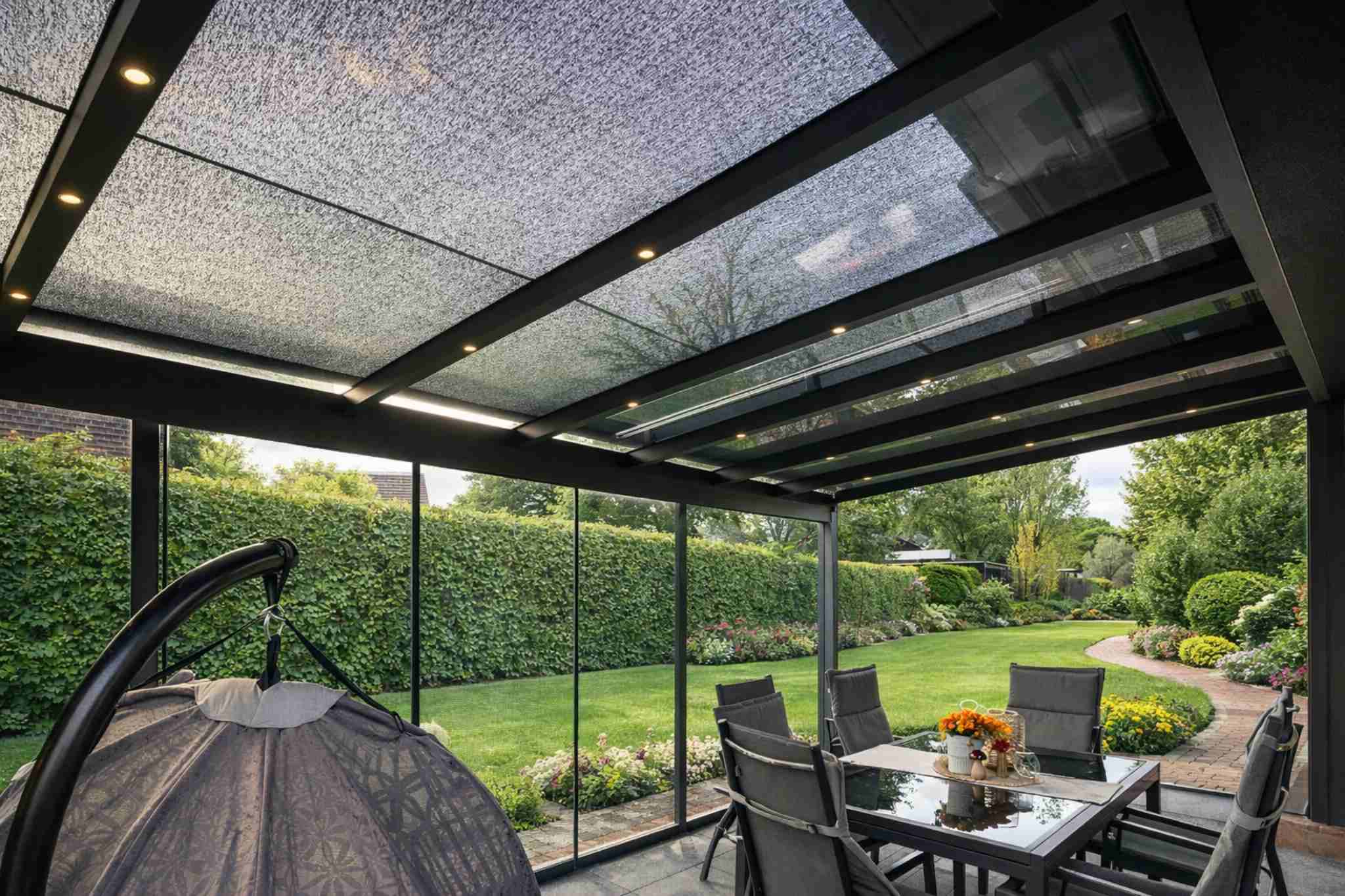 Terrassenüberdachung mit Glasdach und Seitenelementen im Garten