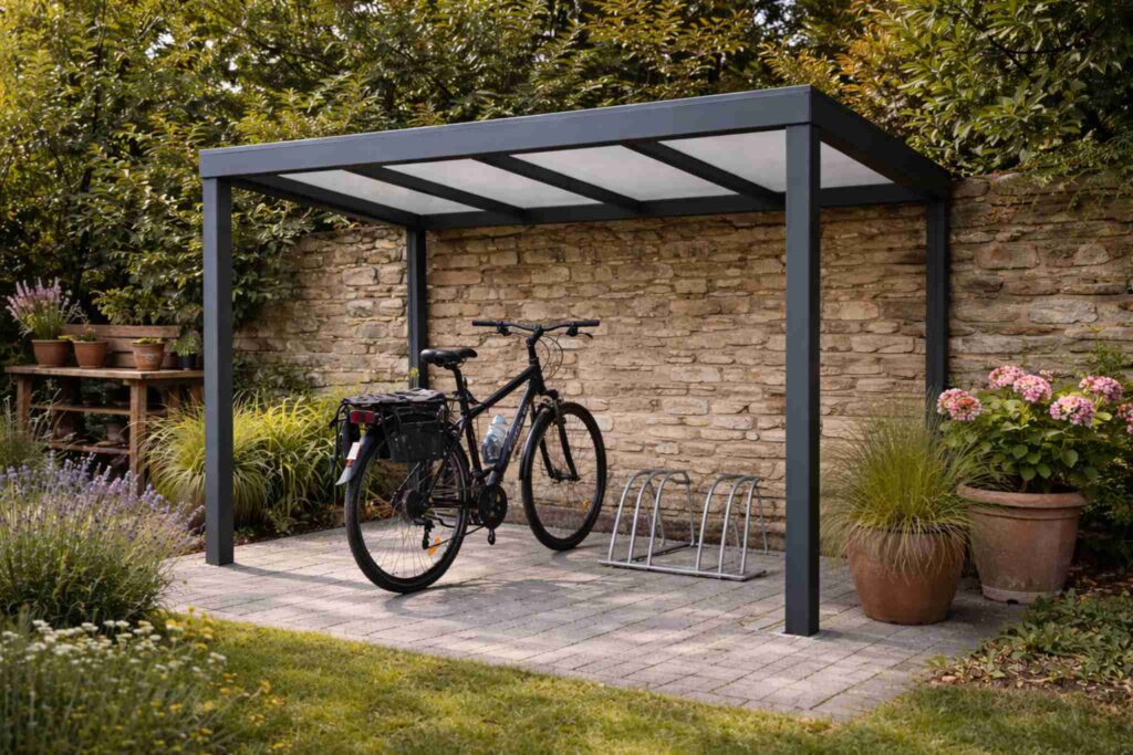 Moderner Fahrradunterstand mit Aluminiumrahmen und lichtdurchlässigem Dach im Garten