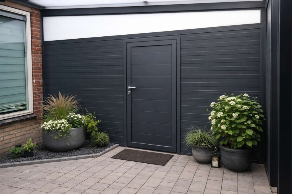 Aluminium Seitenwand mit integrierter Tür auf moderner Terrasse