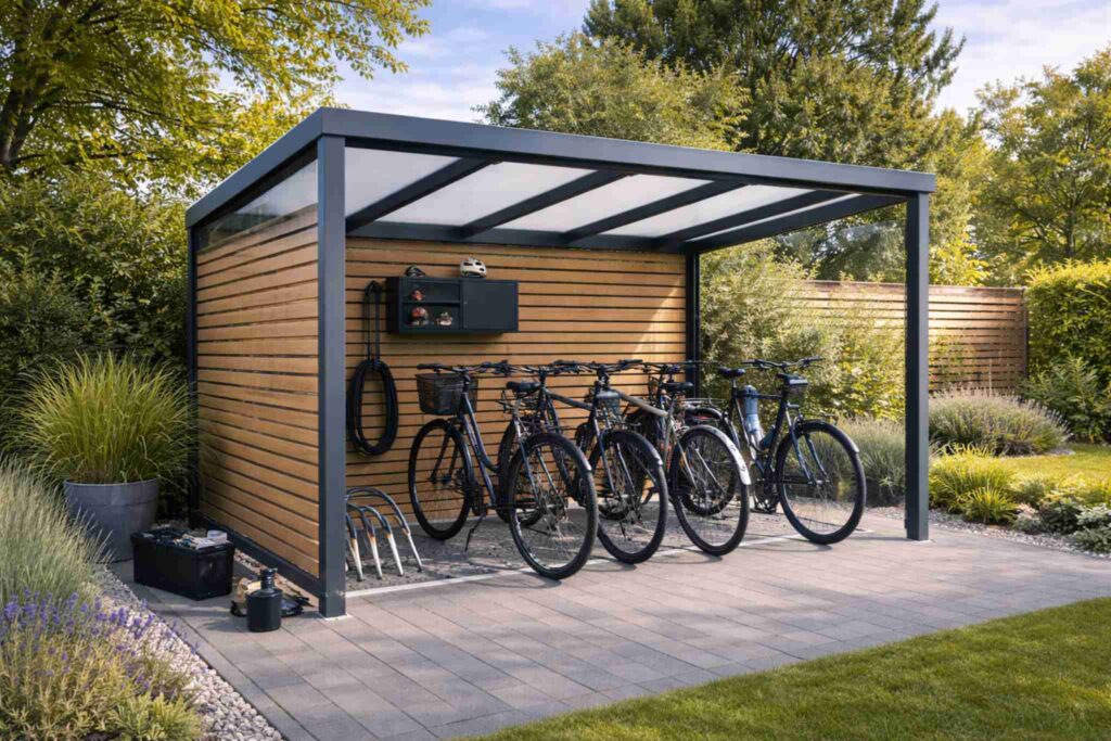 Moderner Fahrradunterstand mit Aluminiumkonstruktion und Dach sowie Holzverkleidung