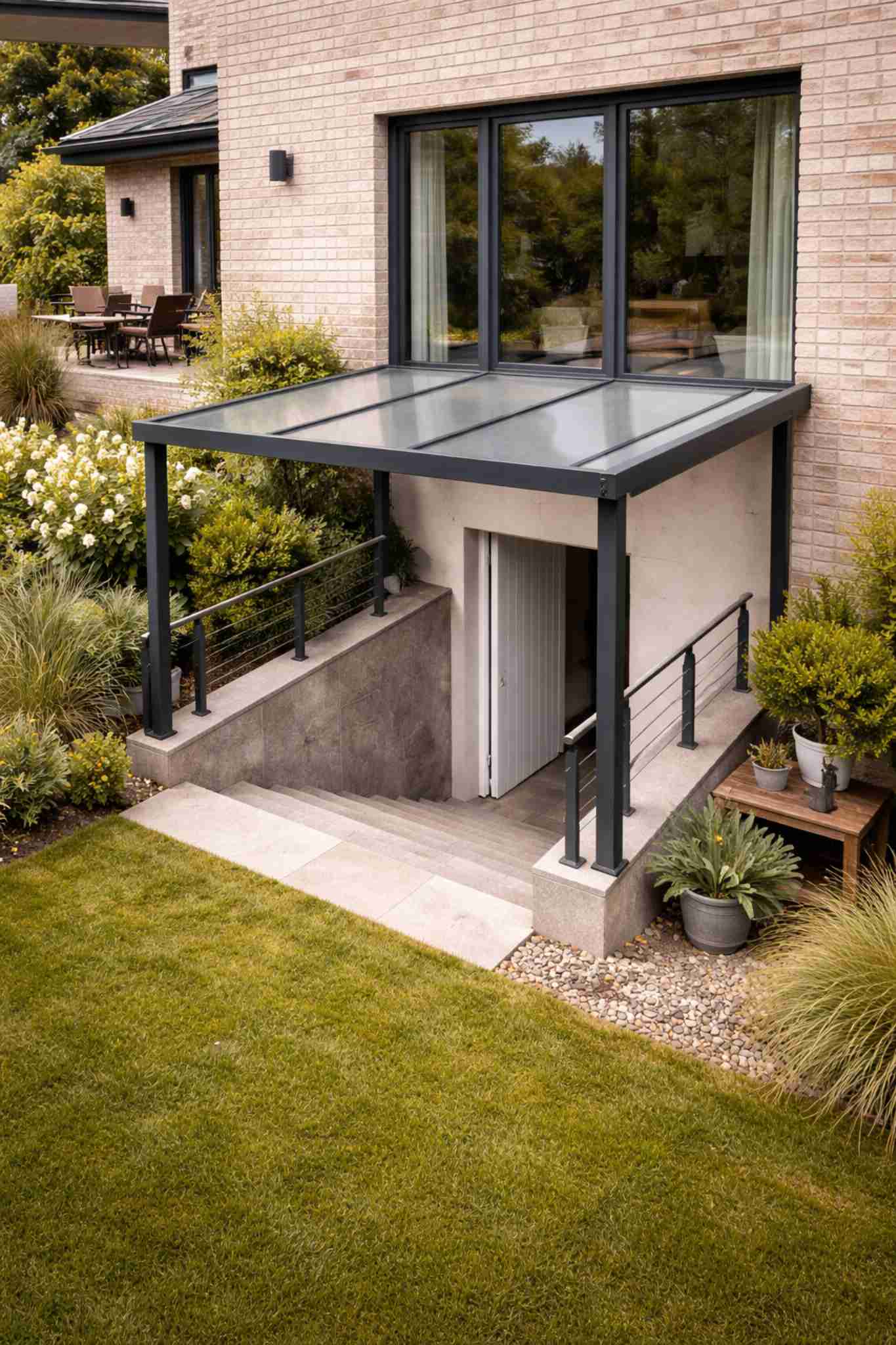 Aluminium-Überdachung als Schutz für Kellerabgang mit Glasdach am Haus