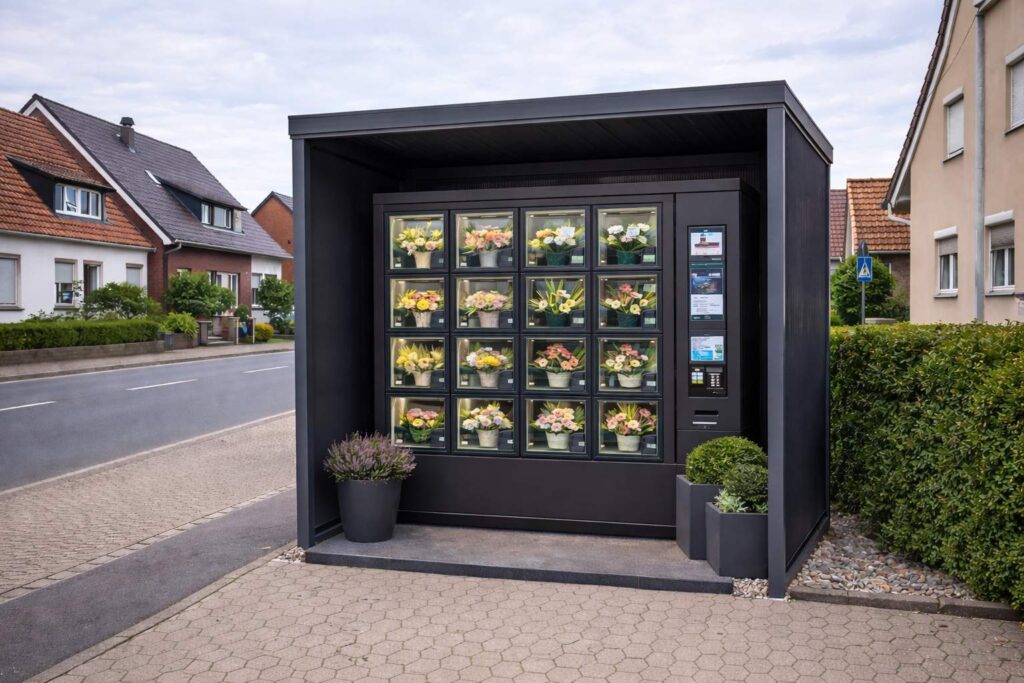 Moderner Verkaufsautomat für Blumen mit schützender Überdachung aus Aluminium