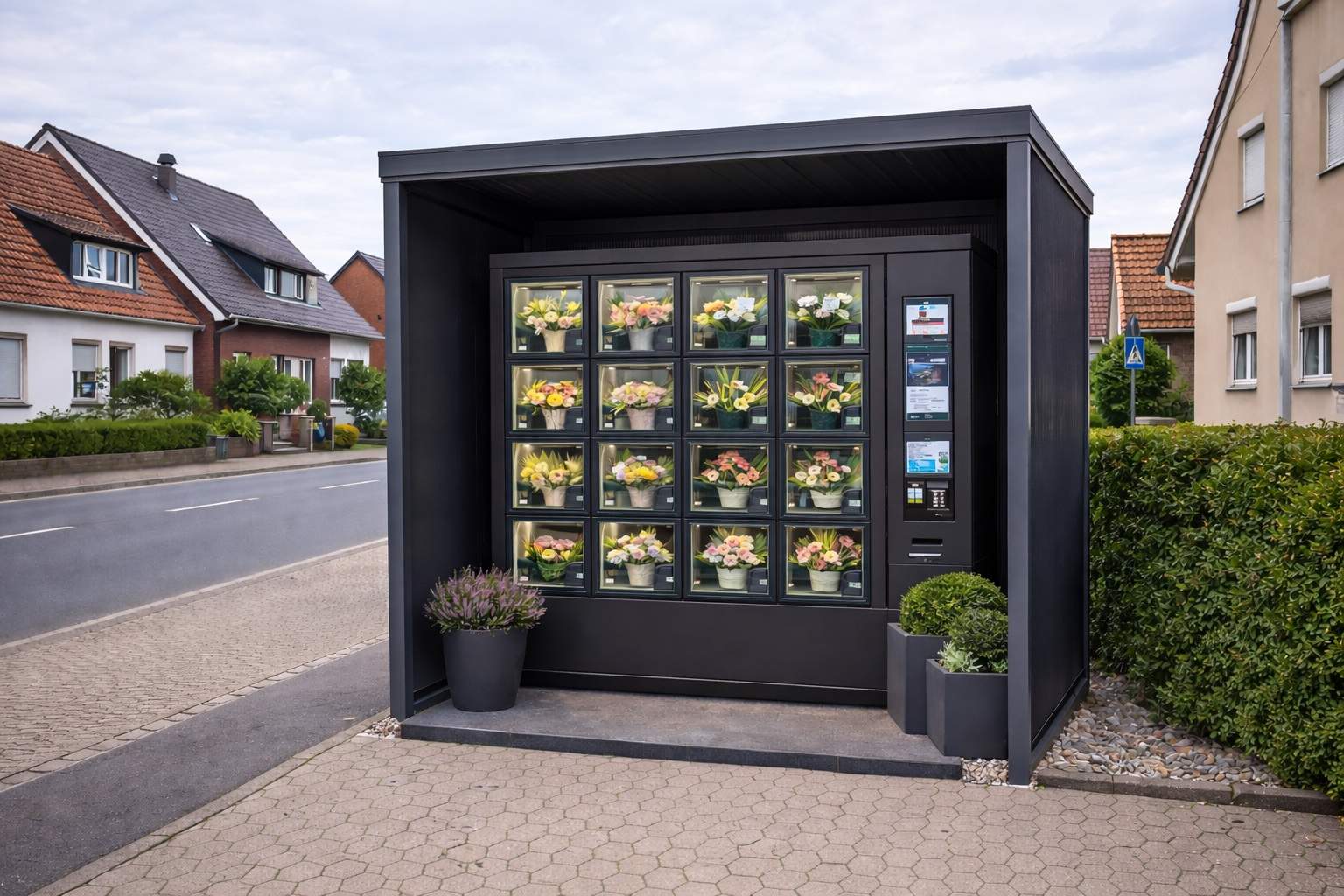 Moderner Verkaufsautomat für Blumen mit schützender Überdachung aus Aluminium