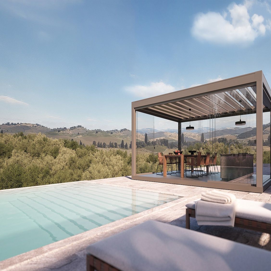 Pergola mit Lamellendach und Glasschiebewänden am Pool mit Ausblick