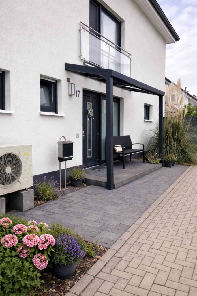 Moderne Eingangsüberdachung aus Aluminium mit Glasdach vor Einfamilienhaus