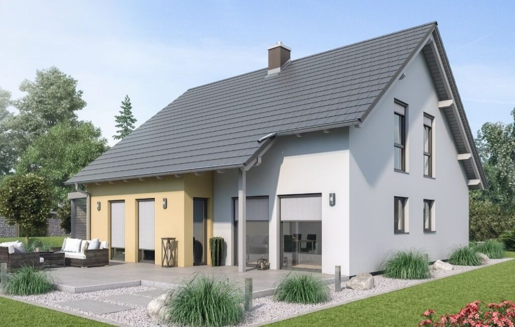 Einfamilienhaus mit Rollläden und Terrassenbereich im modernen Design