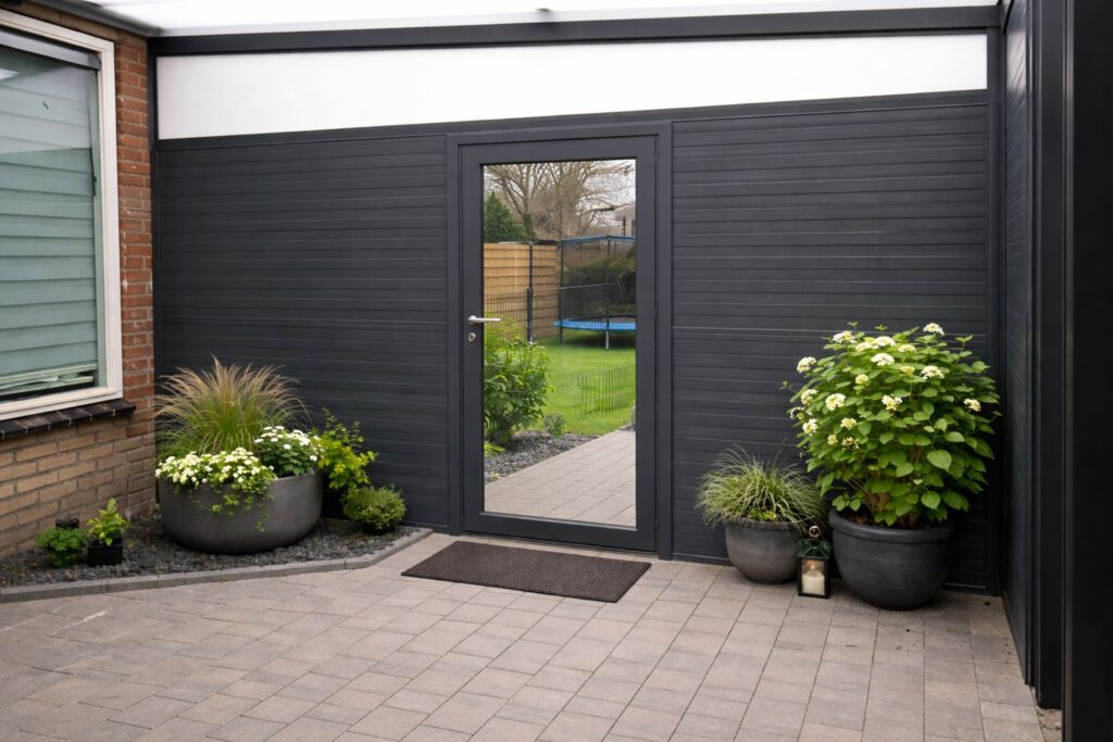 Aluminium Seitenwand mit Glastür in moderner Terrassenüberdachung