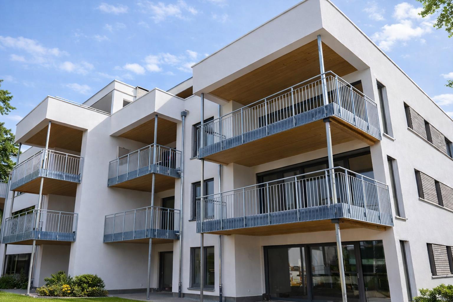 Modernes Mehrfamilienhaus mit Balkonen und integrierten Sonnenschutzlösungen