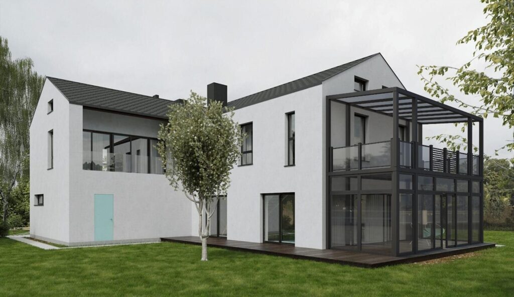 Moderne Doppeletagen Glas-Terrassenüberdachung mit Aluminiumrahmen an Neubau