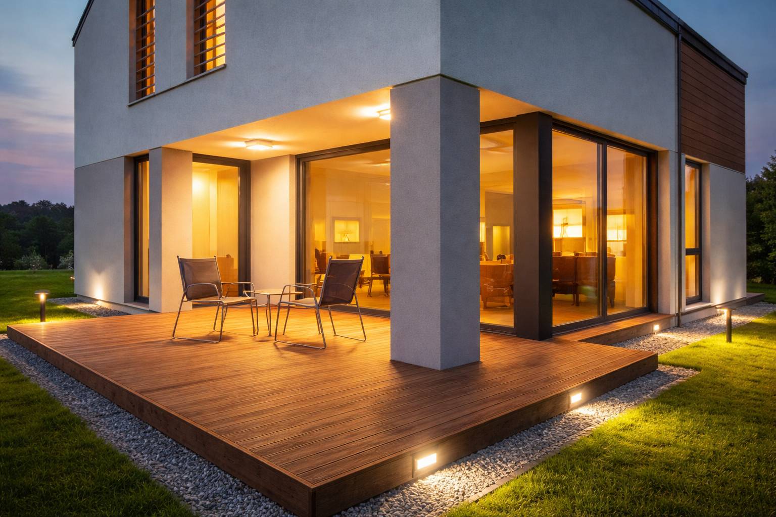 Moderne Terrasse mit Beleuchtung an Einfamilienhaus bei Abendstimmung