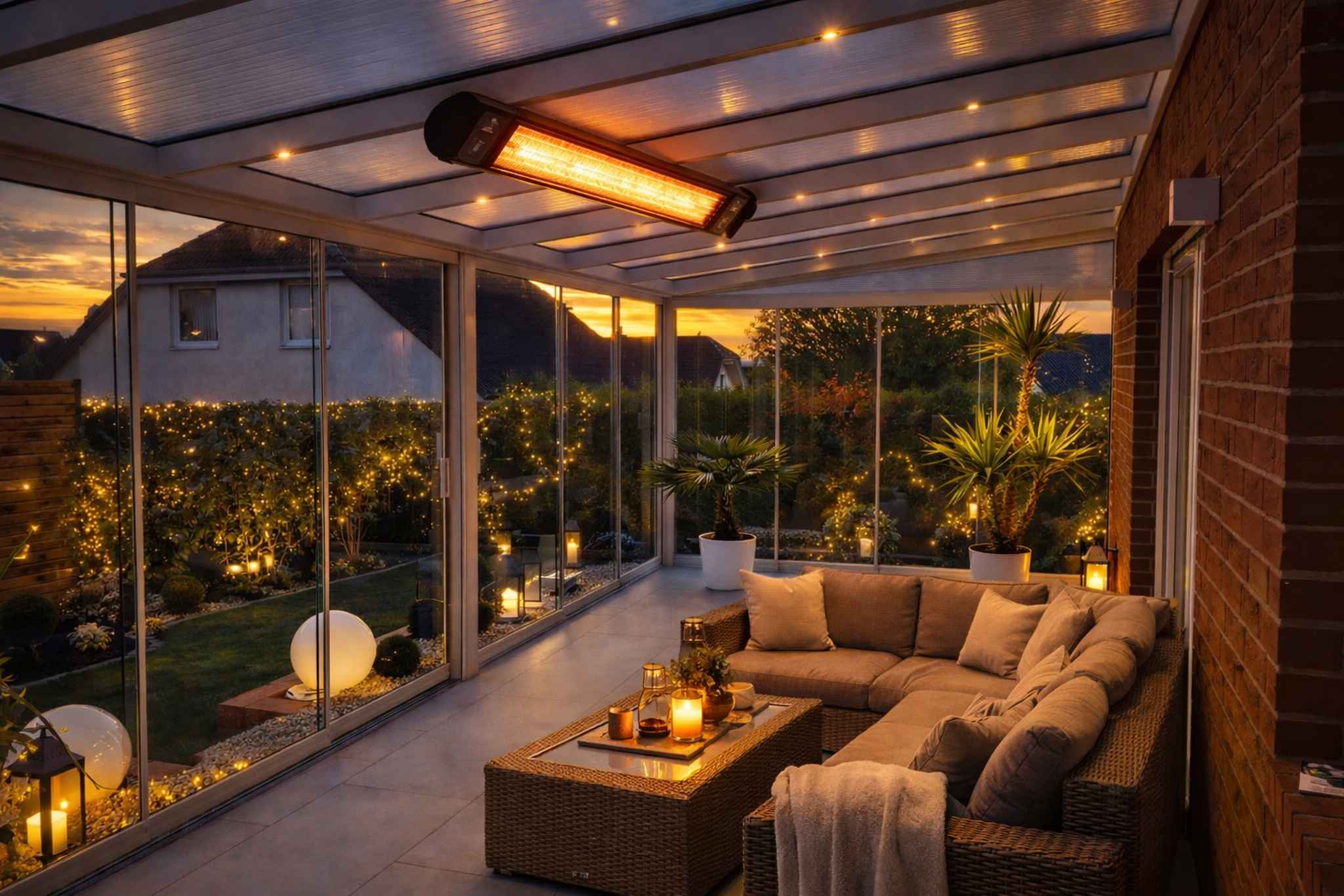 Terrassenüberdachung mit Glasschiebewänden und Heizstrahler bei Abendbeleuchtung