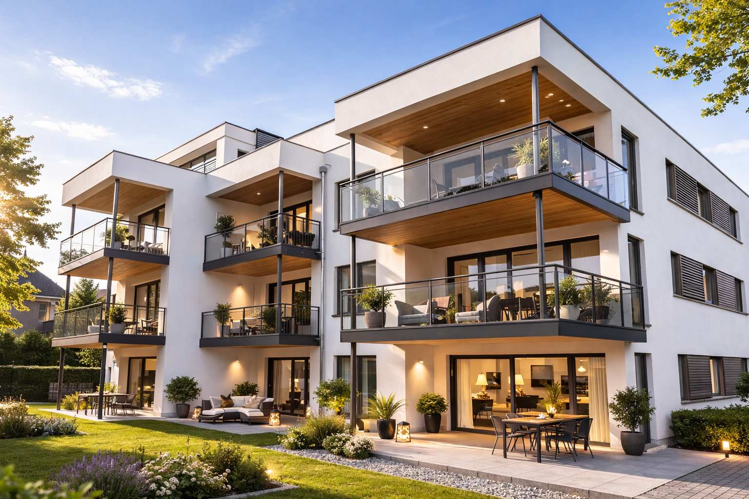Modernes Mehrfamilienhaus mit großzügigen Balkonen und stilvoller Außenbeleuchtung