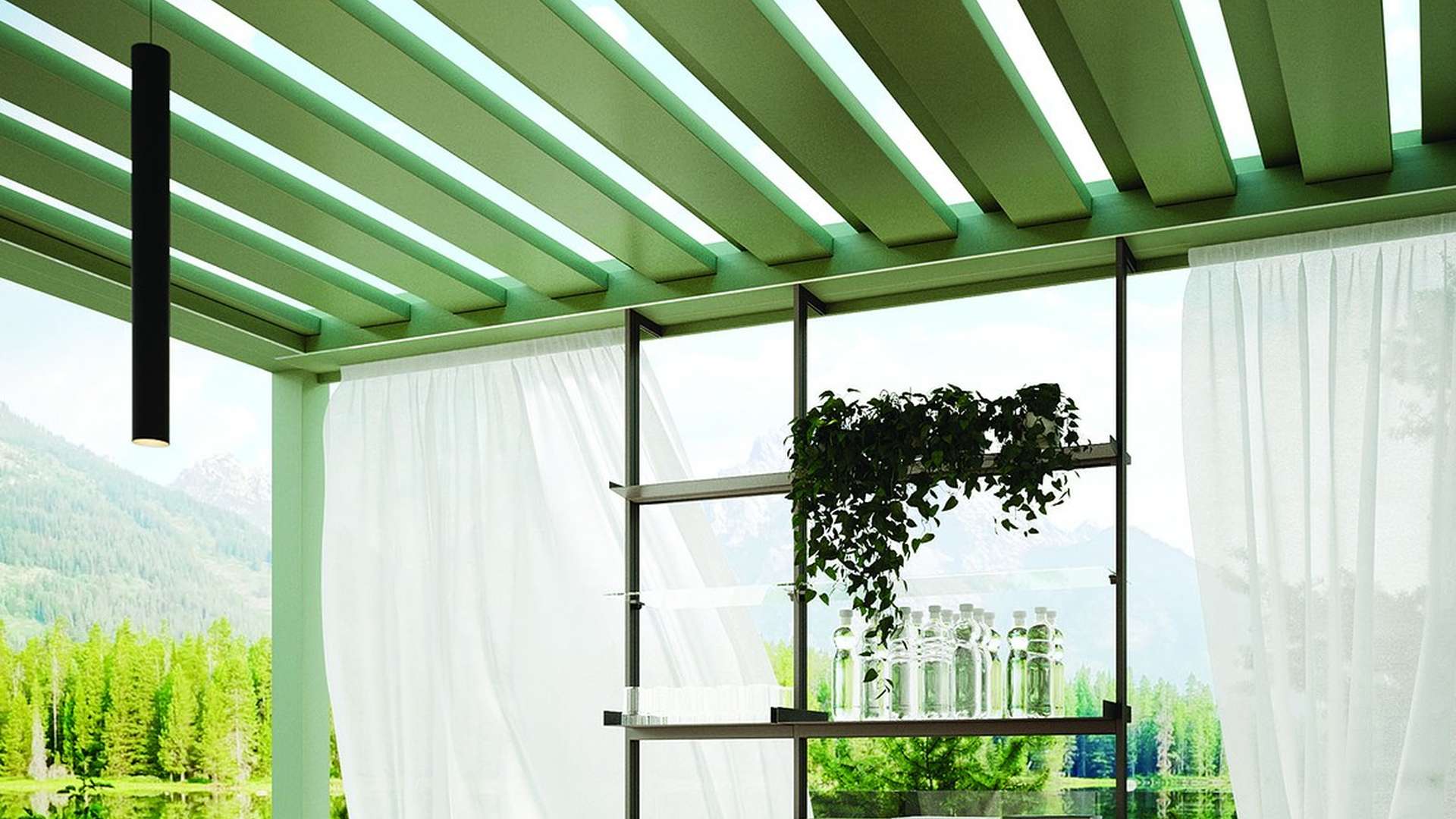 Pergola mit Lamellendach und Vorhängen im Außenbereich