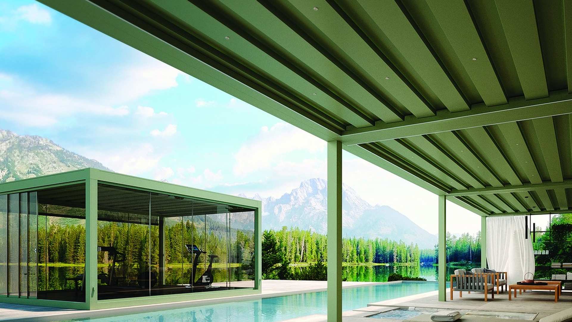 Pergola mit Lamellendach und Glaswänden am Pool mit Bergblick