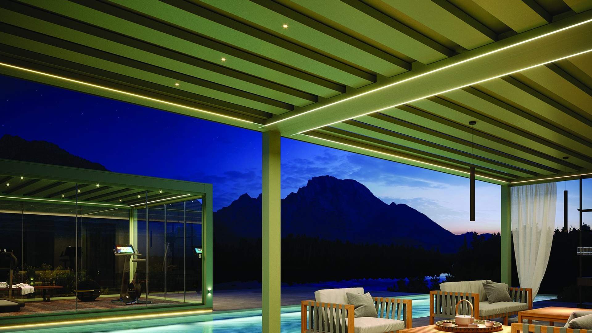 Pergola mit Lamellendach und LED-Beleuchtung bei Nacht am Pool