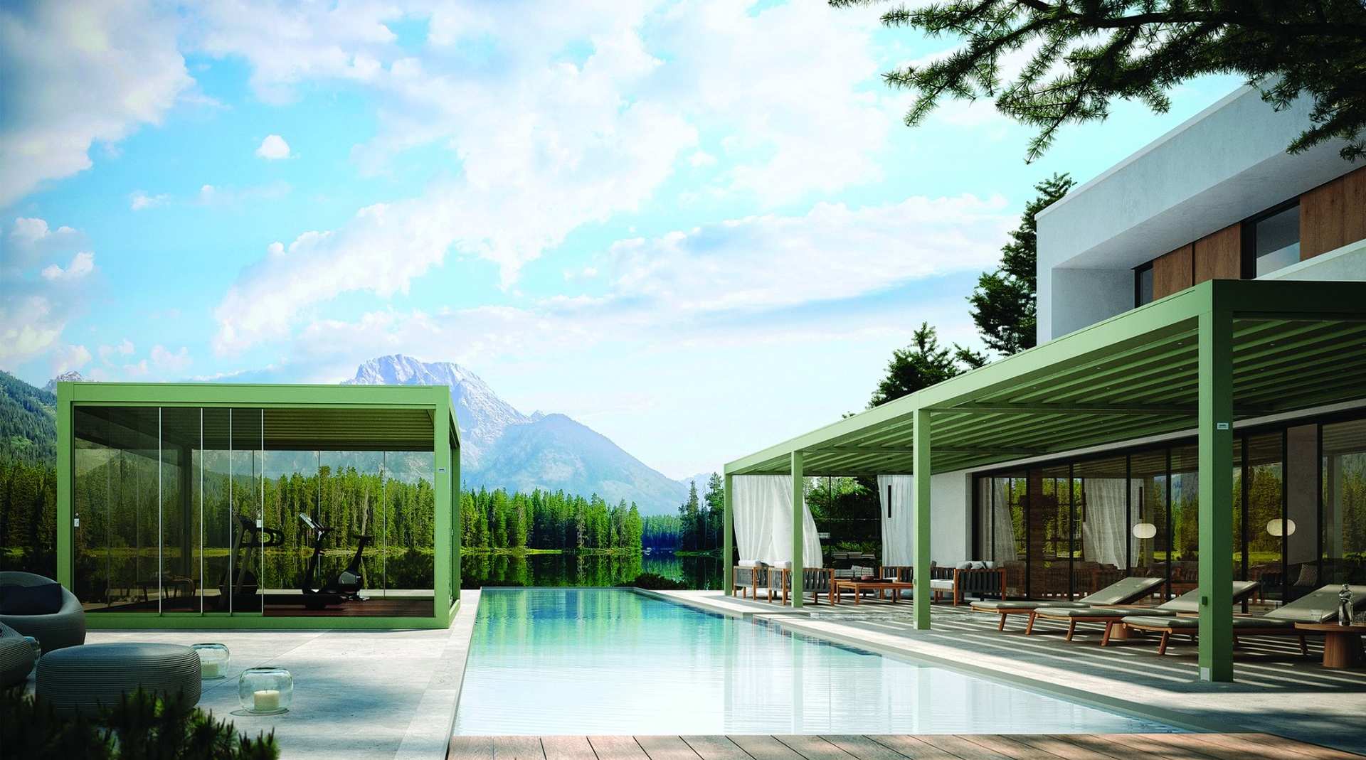 Moderne Pergola mit Lamellendach entlang eines Pools mit Bergblick