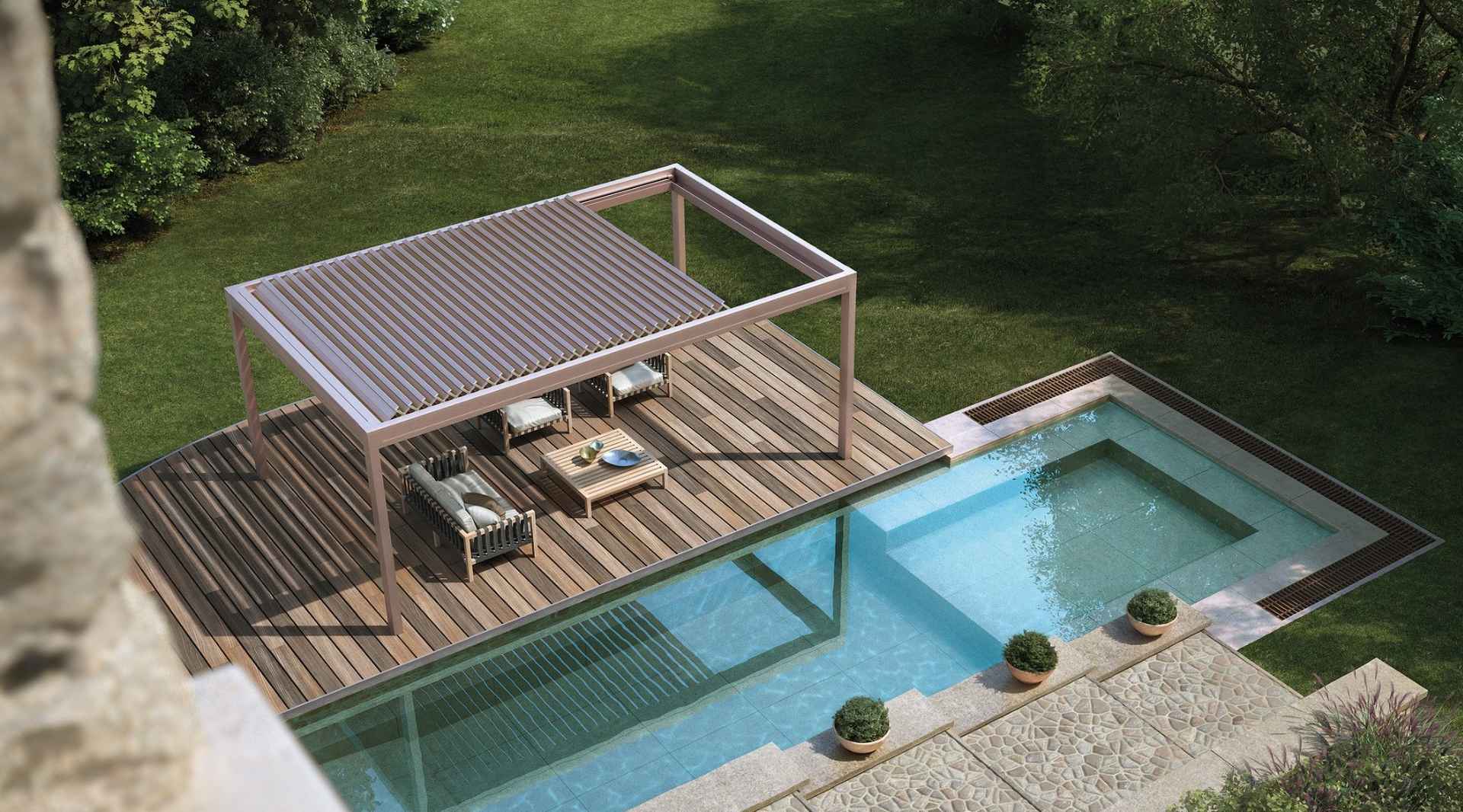 Freistehende Pergola mit Lamellendach auf Holzterrasse am Pool