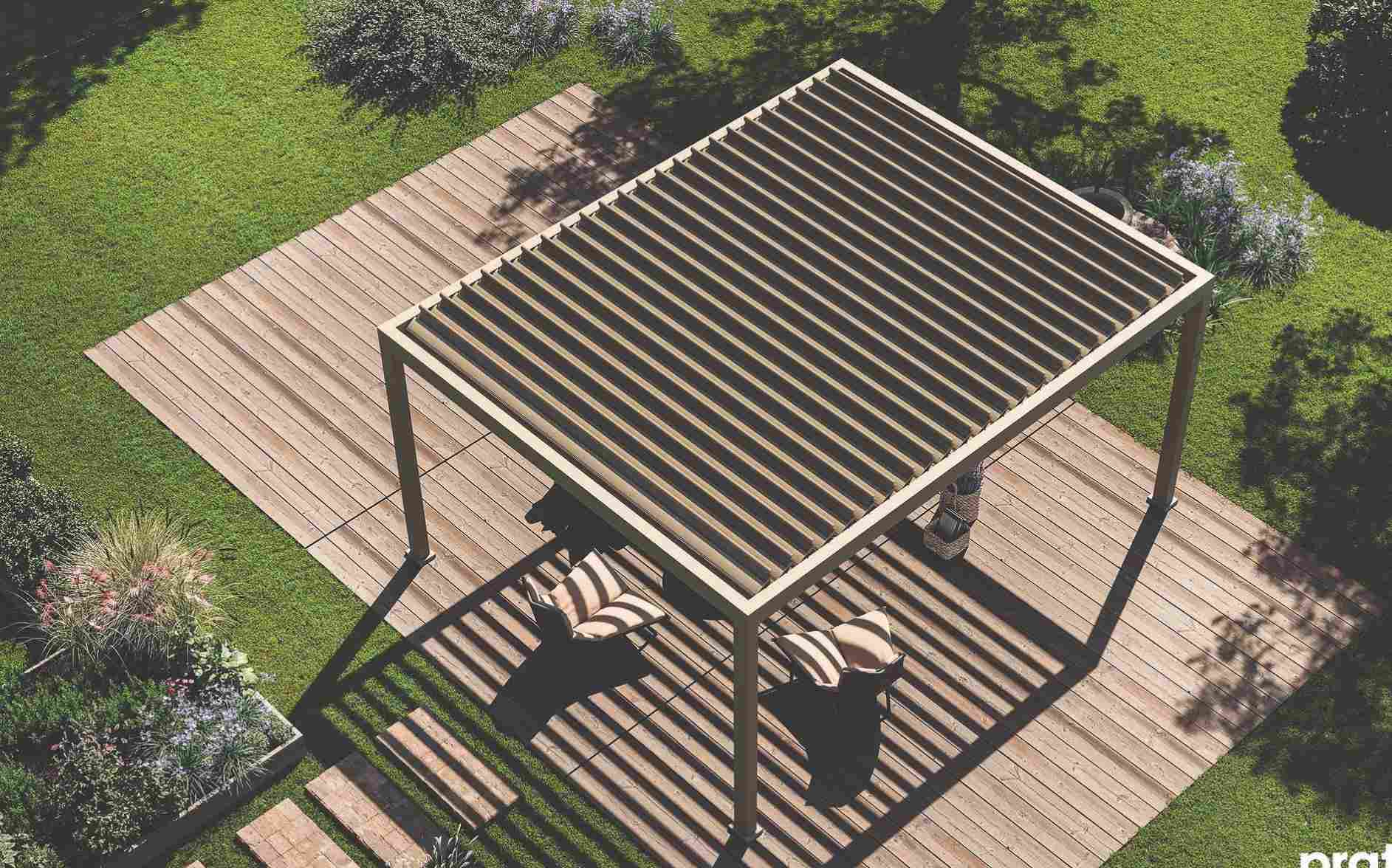 Freistehende Pergola mit Lamellendach auf Holzterrasse von oben