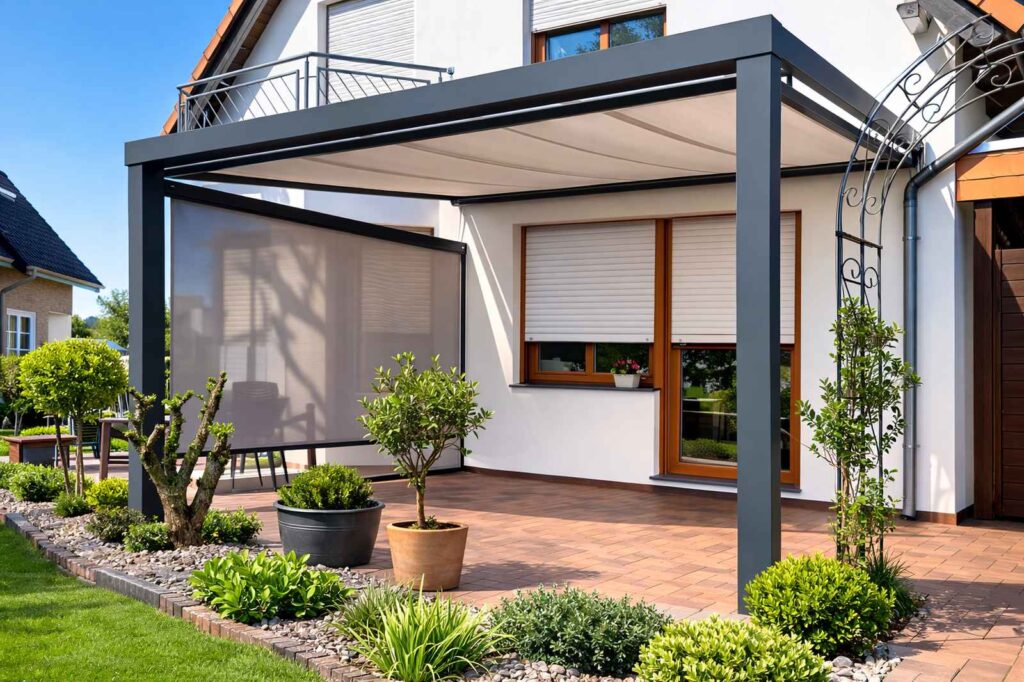 Terrassenüberdachung mit integriertem Sonnenschutz und seitlichem Screen an Einfamilienhaus
