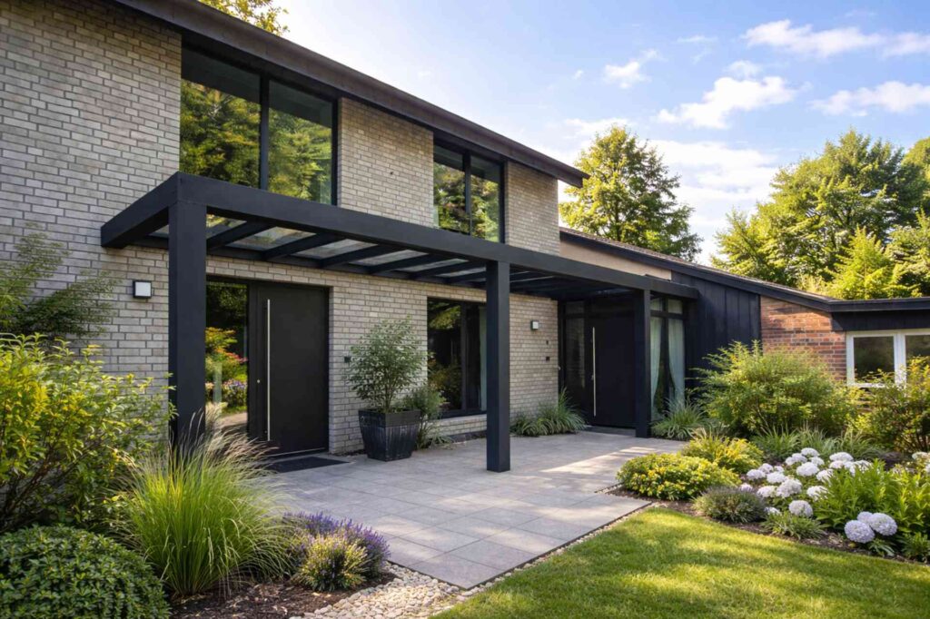 Eingangsüberdachung aus Aluminium am modernen Einfamilienhaus
